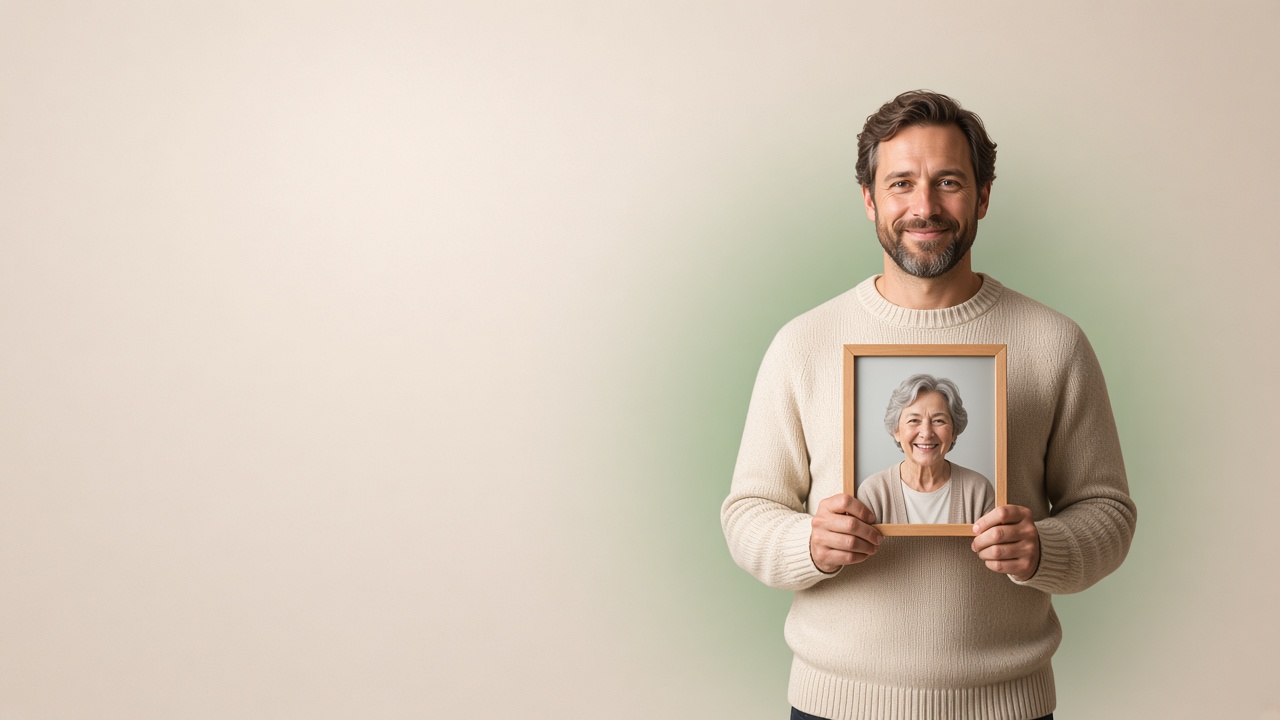 A smiling man holding a framed photograph of his mother